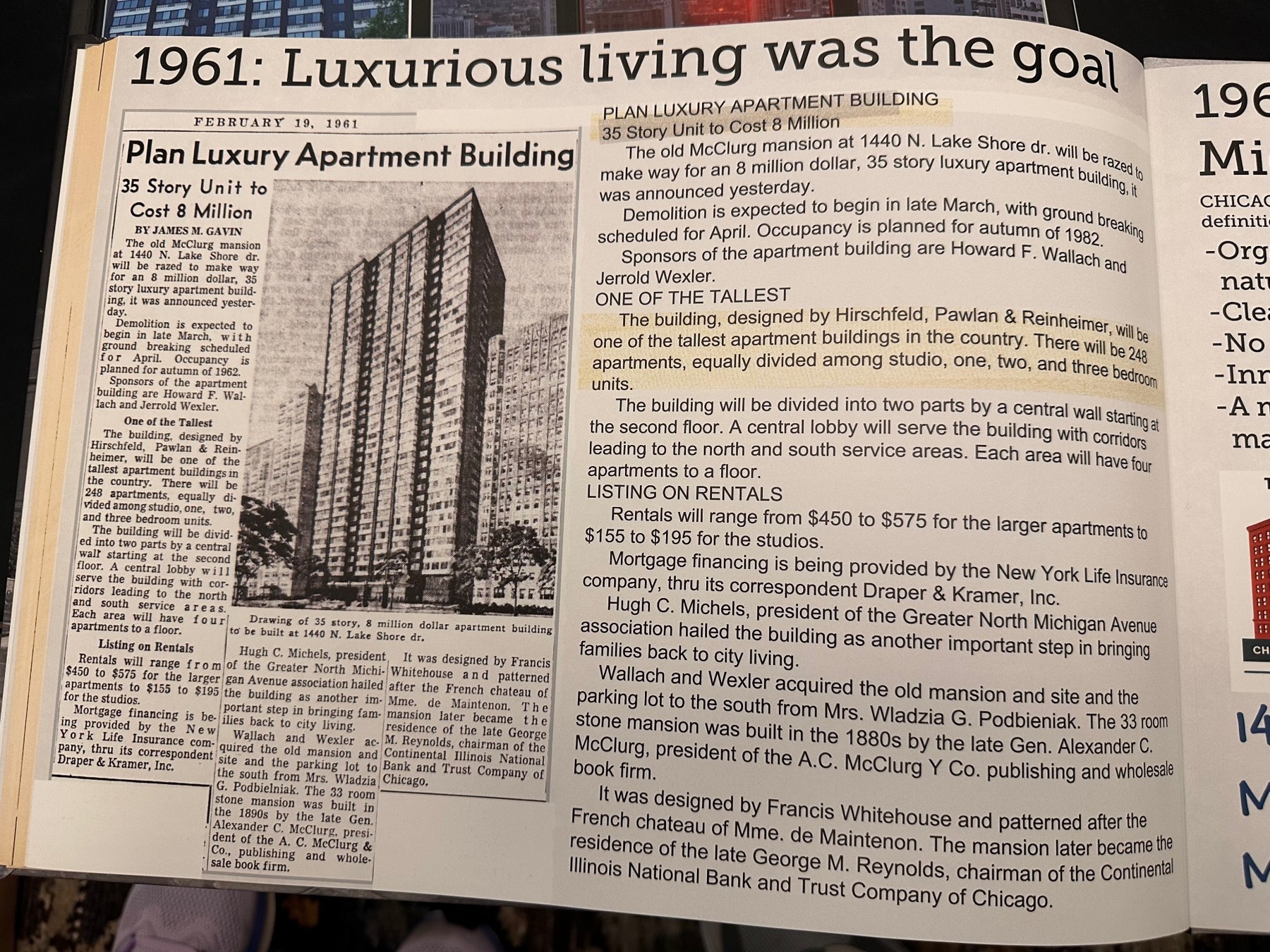 February 1961: the Tribune announces the $8 million tower that would replace the McClurg mansion.