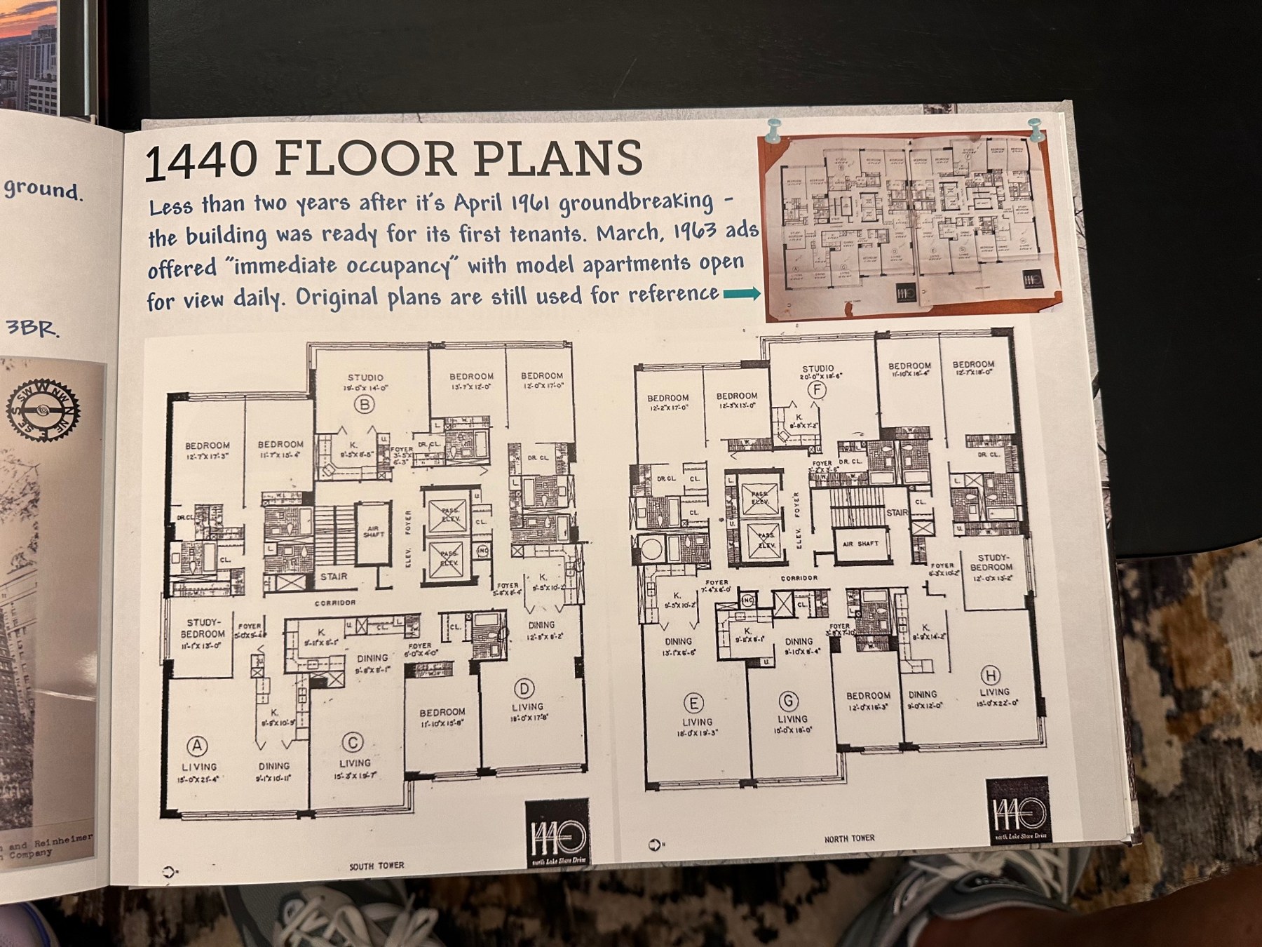 Original floor plans show the north-and-south tower arrangement and the small number of apartments on each tower floor.